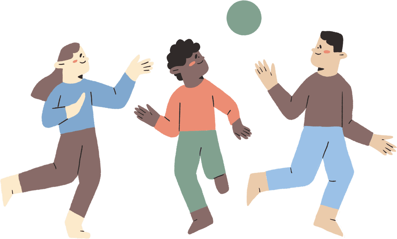 Three friends playing with a ball, mid-leap