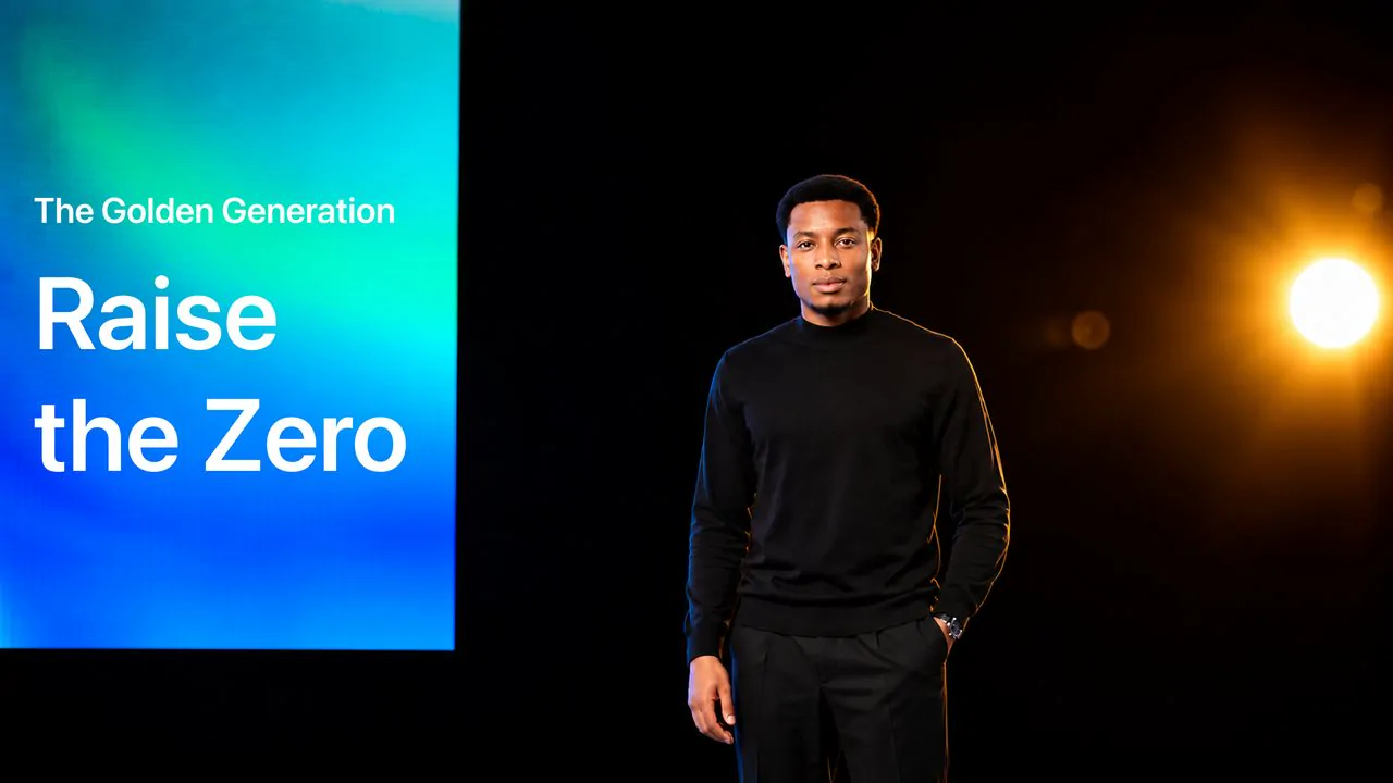 Samy Samandjeu on stage beside the words The Golden Generation, Raise the Zero