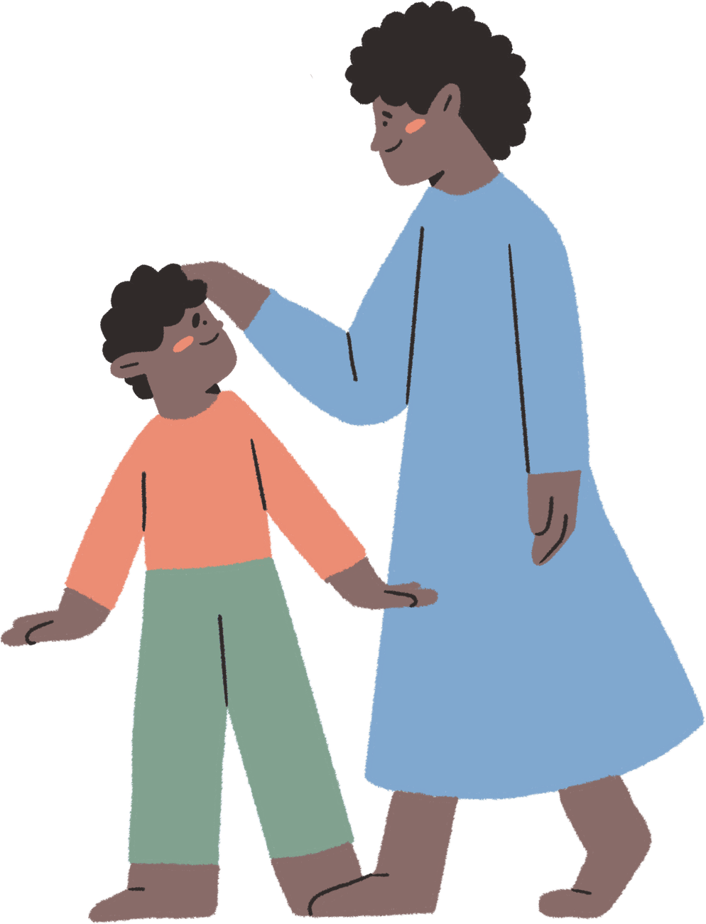 A mother walking with her young son, her hand resting on his head