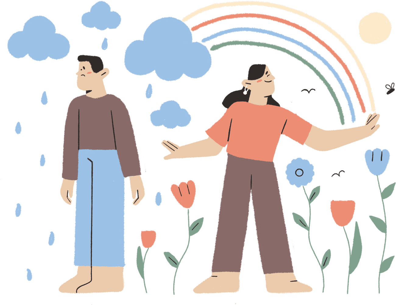 One person under rain clouds, another reaching toward a rainbow and flowers