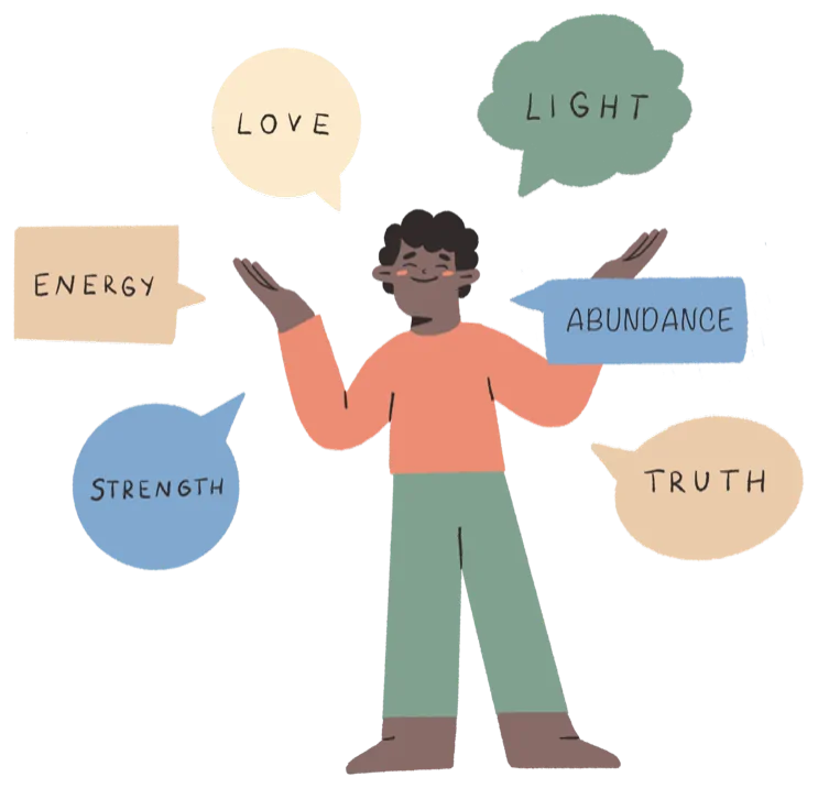 A person surrounded by speech bubbles reading love, light, energy, abundance, strength, truth